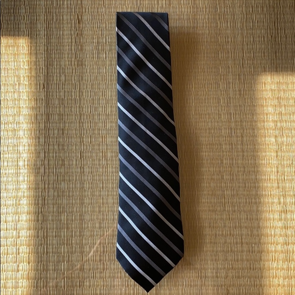 Charter Club Black Silk Tie w. Gray Stripes